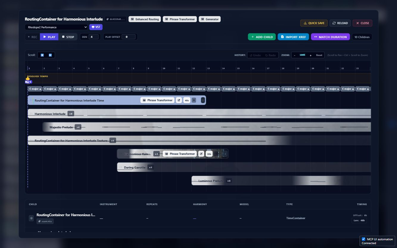 Orch routing container timeline showing child blocks and playback controls